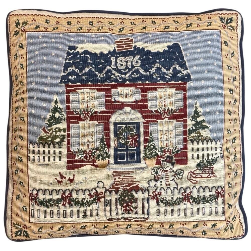 Vintage Christmas Tapestry Pillow Winter House Snowman 1876 Primitive Decor